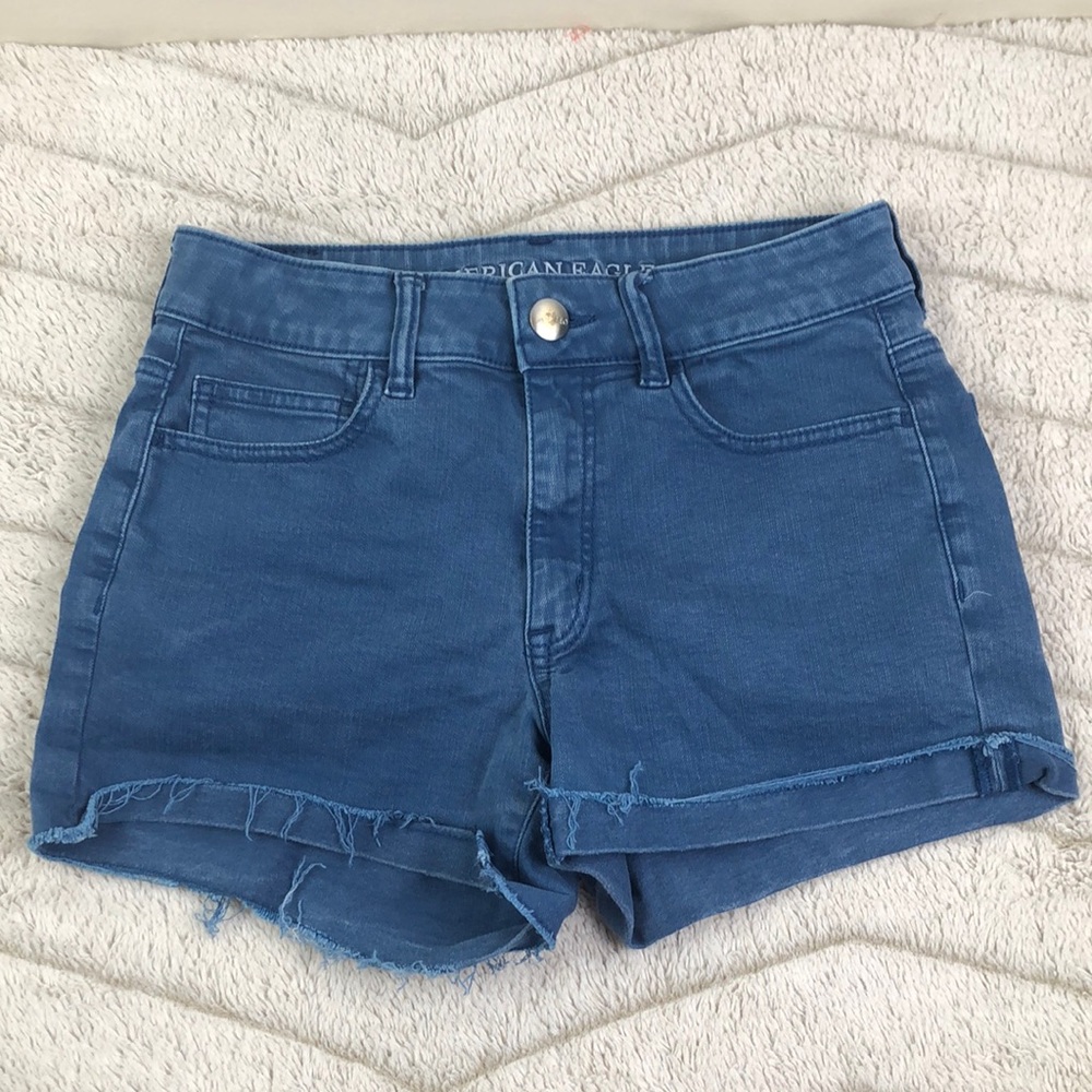 American Eagle Outfitters Blue Denim High-Rise Frayed Hem Shorts